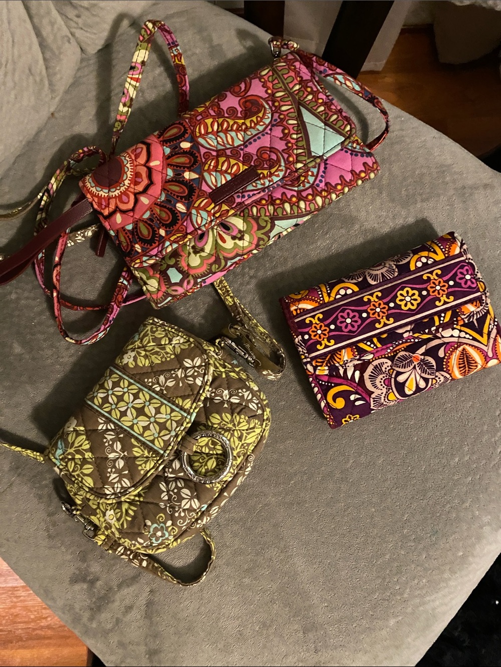 Vera Bradley Pink Purple Olive Quilted Crossbody/Wallet Trio
